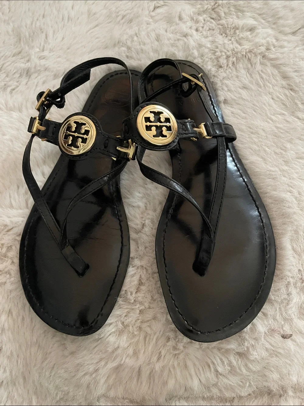 Tory Burch Black Leather Sandals with Gold Logo Medallions 6.5